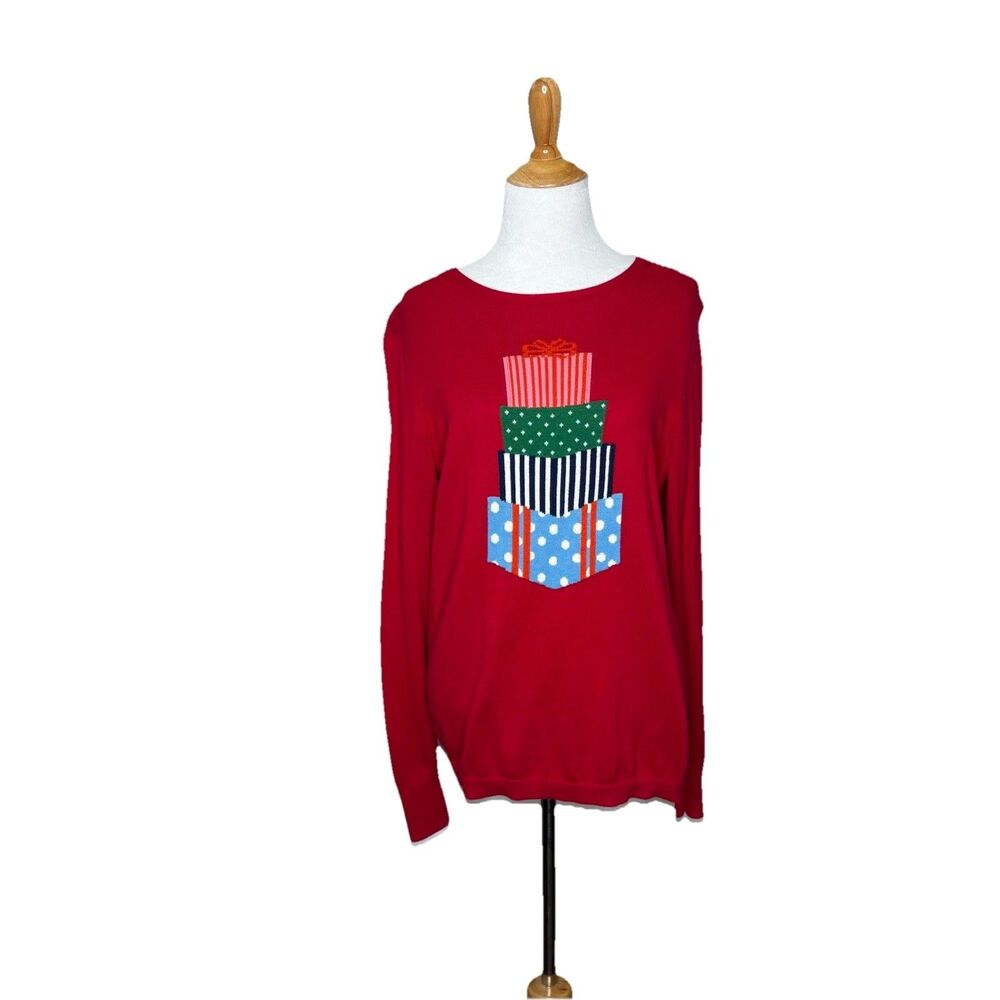 Lands' End Red Holiday Present Gifts Intarsia Sweater Supima Cotton Medium 10-12